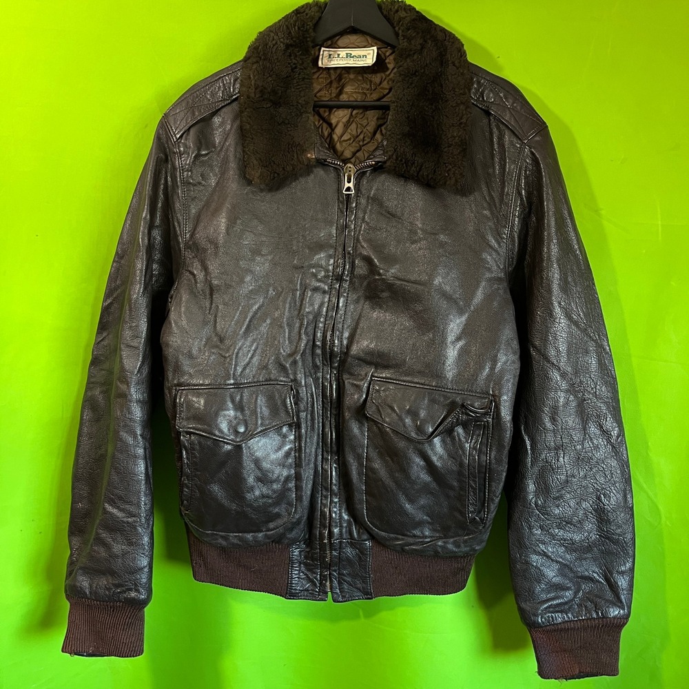 80s VTG LL Bean Leather Flight Jacket G-1 Bomber Brown Mouton Goatskin L.L. Bean